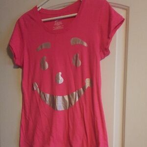 Women’s Hot Pink Short Sleeve Tee with Metallic Smile Graphic